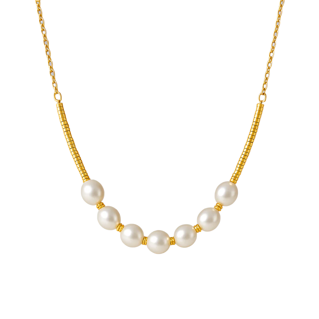 Pearl necklace with gold chain on a white background