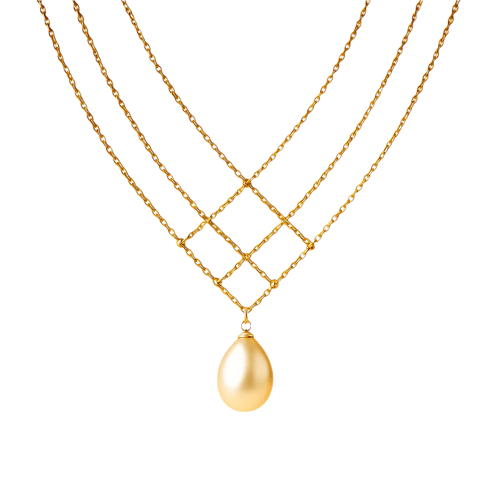 Gold necklace with a teardrop pendant on a beige background