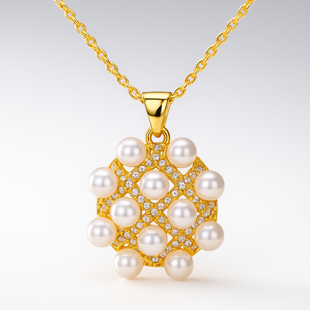 Gold necklace with a circular pendant featuring pearls and small crystals on a white background