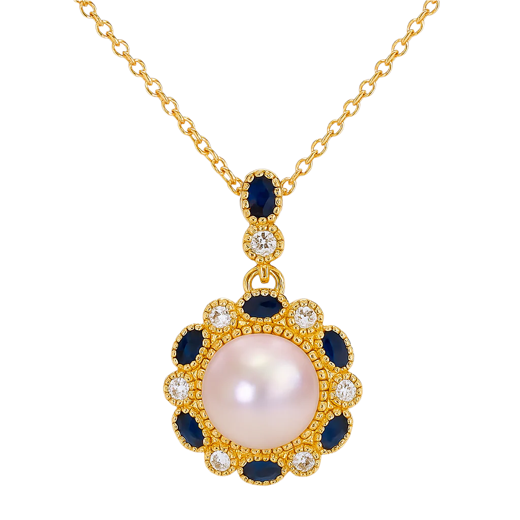 Gold necklace with a pearl pendant featuring blue stones and diamonds on a white background