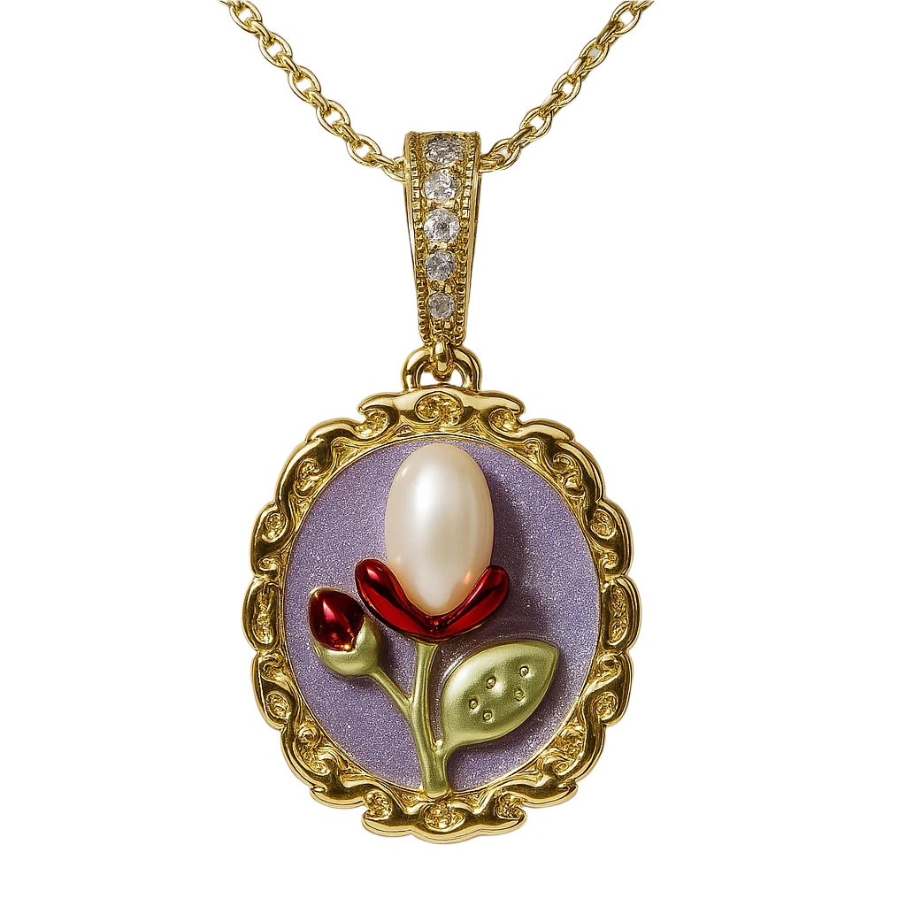 Gold pendant with a pearl and floral design on a light gray background