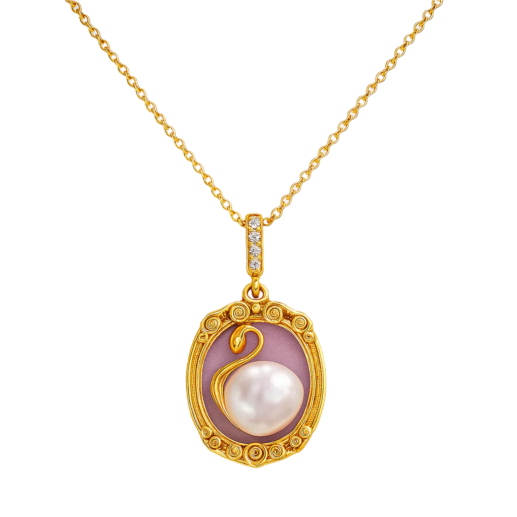 Gold necklace with a pendant featuring a pearl and decorative elements on a light gray background