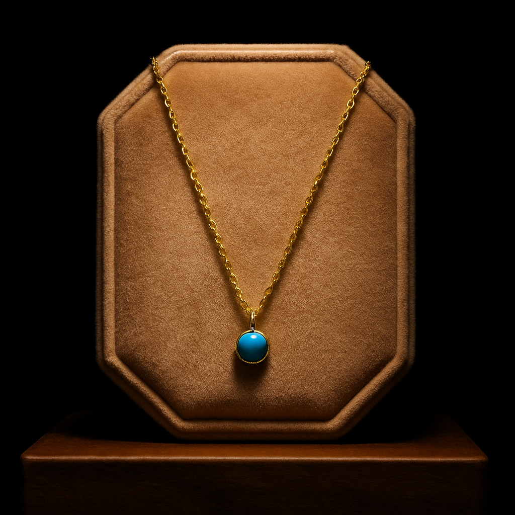 Gold necklace with a blue pendant on a brown velvet display stand against a black background