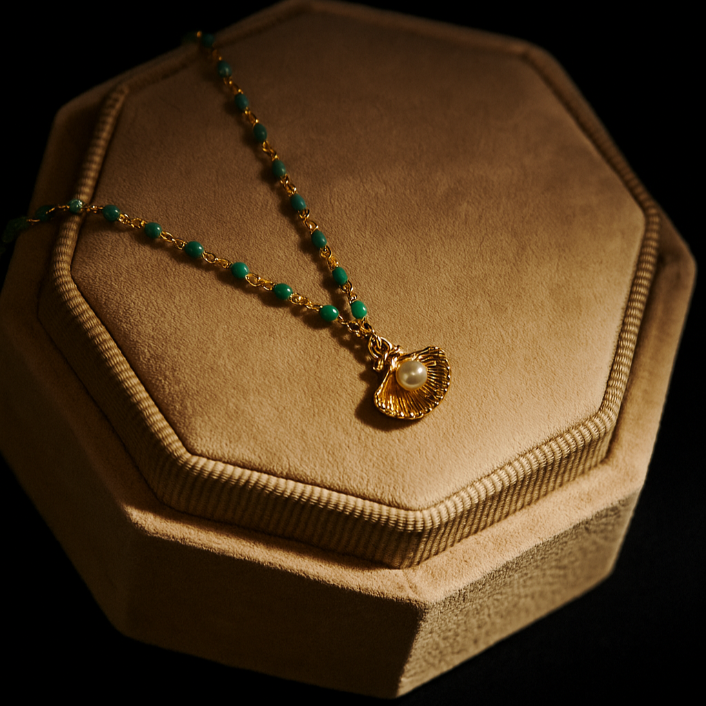 Necklace with green beads and a gold pendant on a brown hexagonal display stand against a black background.