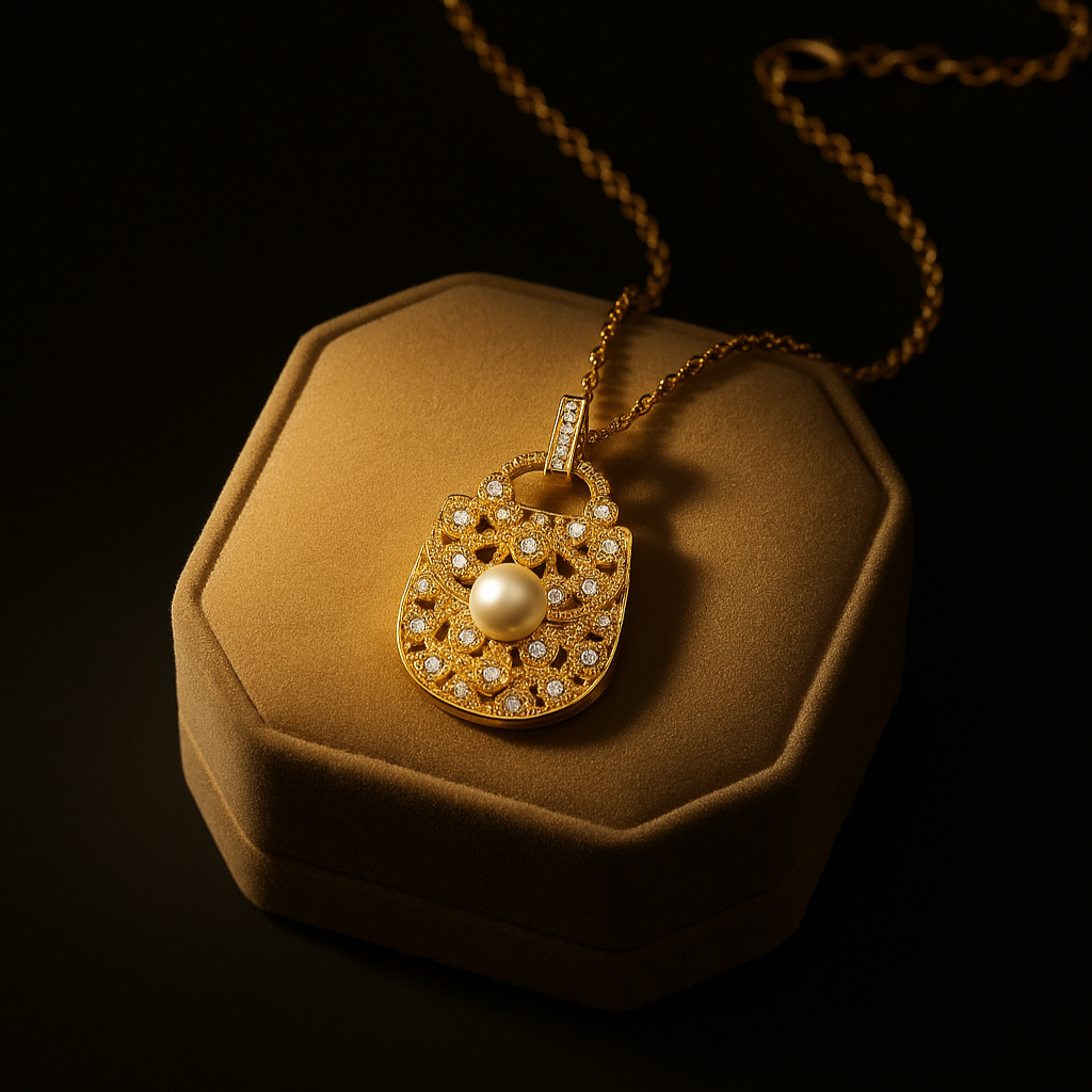 Gold necklace with a pendant on a brown velvet cushion against a black background