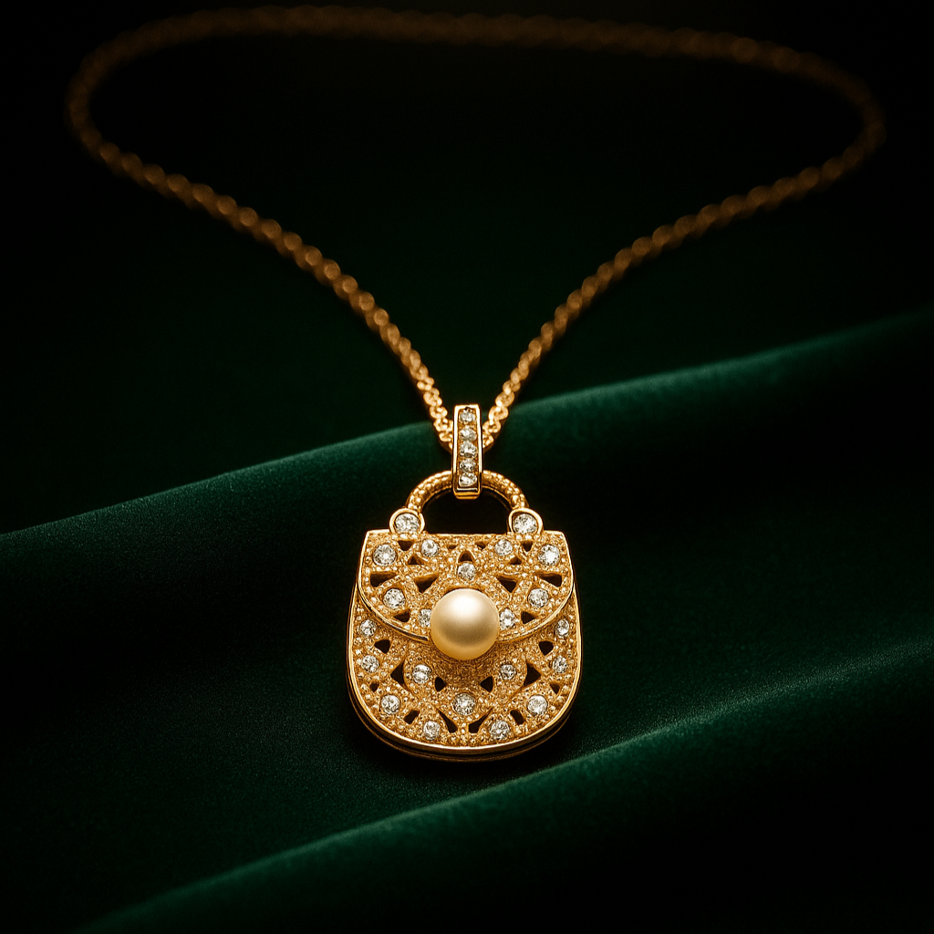 Gold necklace with a decorative pendant on a dark background