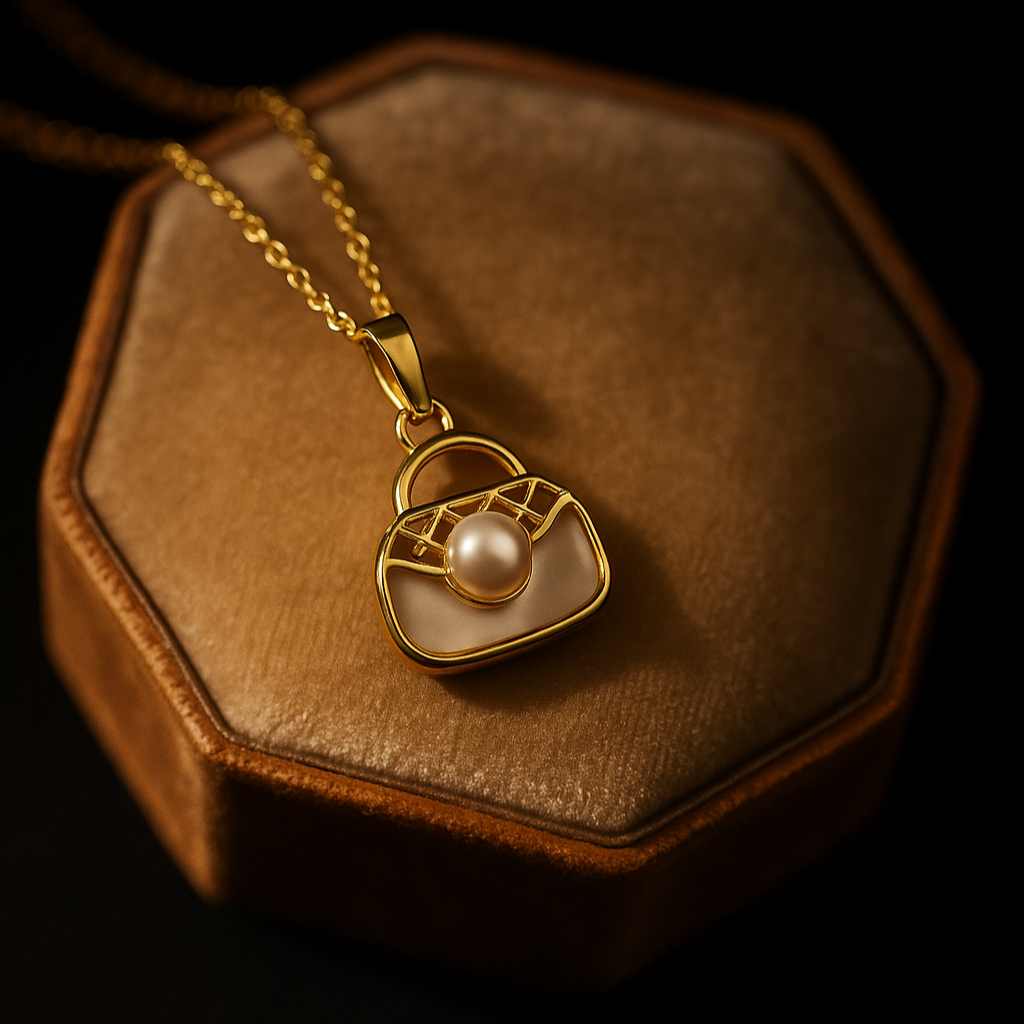 Gold necklace with a pendant featuring a pearl on a brown hexagonal box.