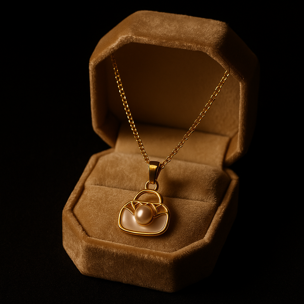 Gold necklace with a heart-shaped pendant in an open brown velvet jewelry box on a black background