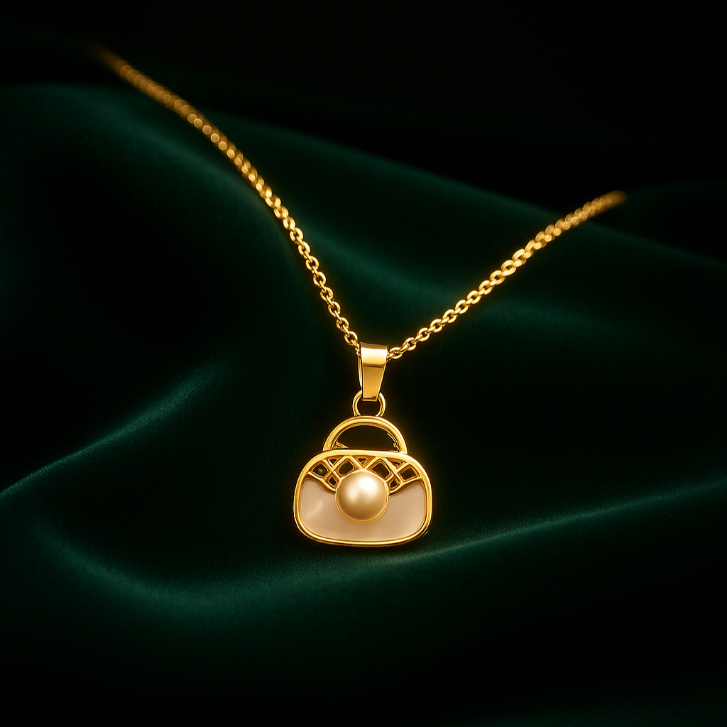 Gold necklace with a pendant shaped like a purse on a dark green fabric background