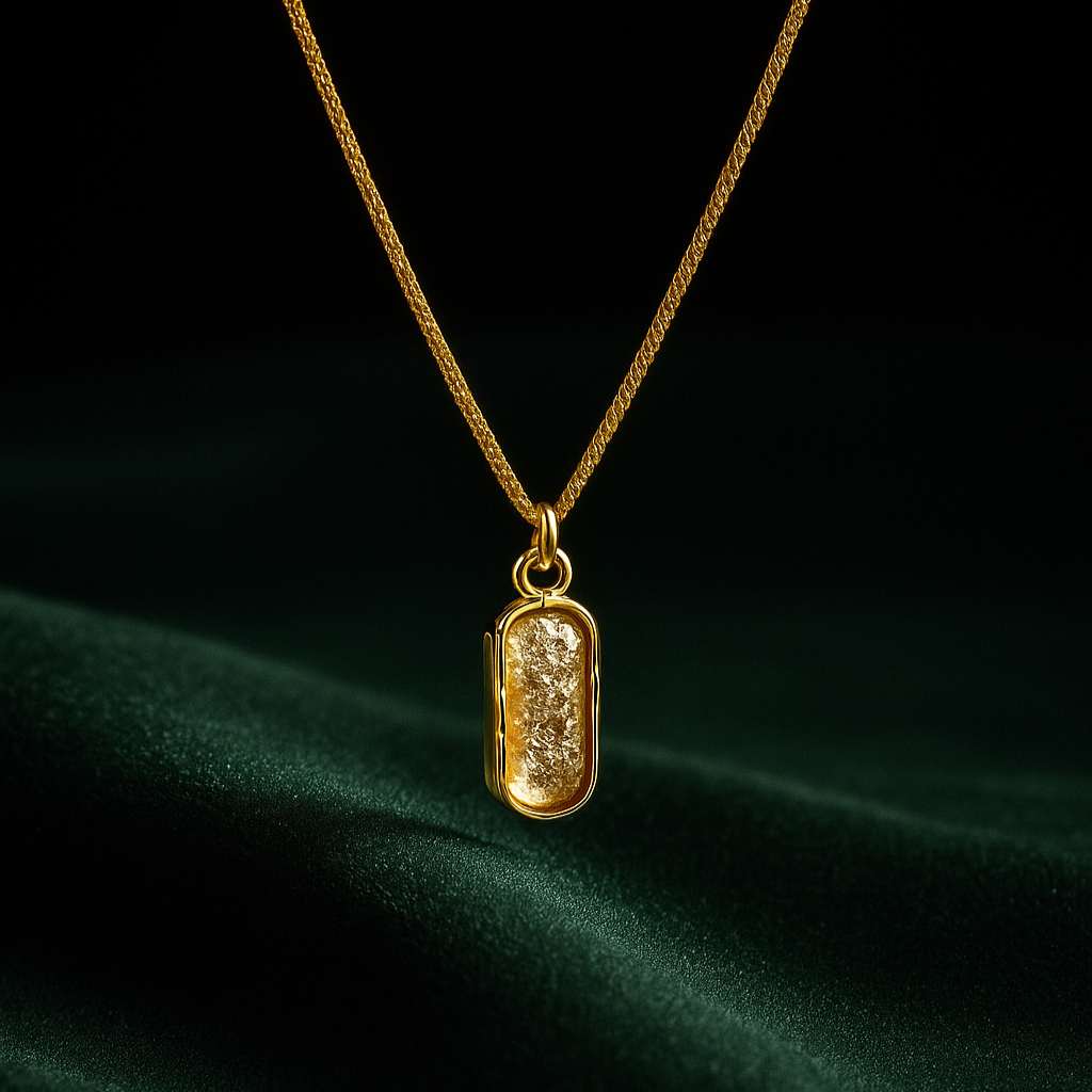 Gold necklace with a pendant on a dark green fabric background