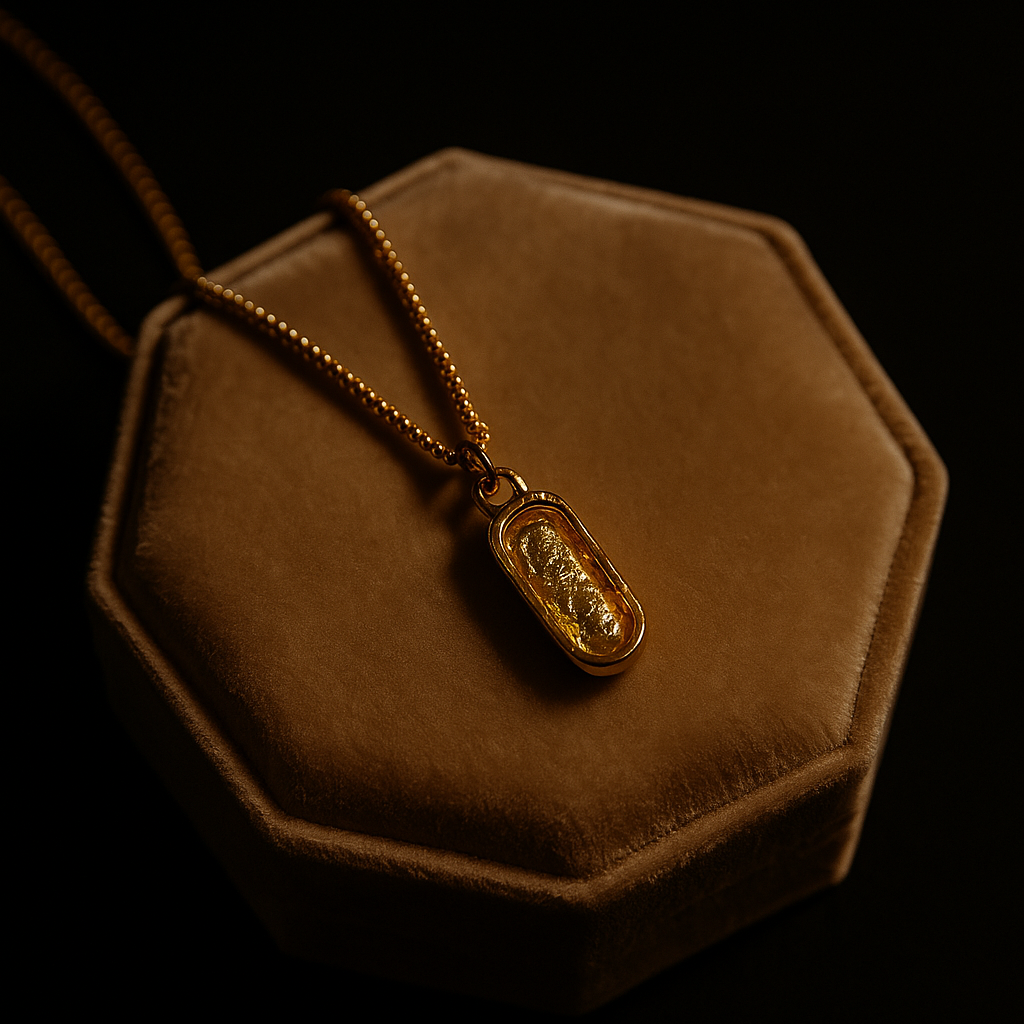 Gold necklace with pendant on a brown velvet cushion against a dark background