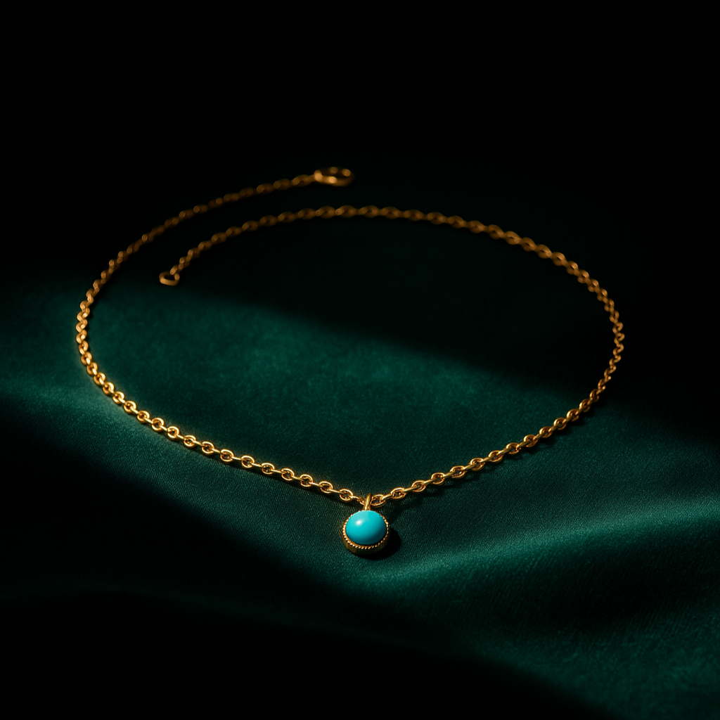 Gold bracelet with a turquoise stone on a dark green fabric background