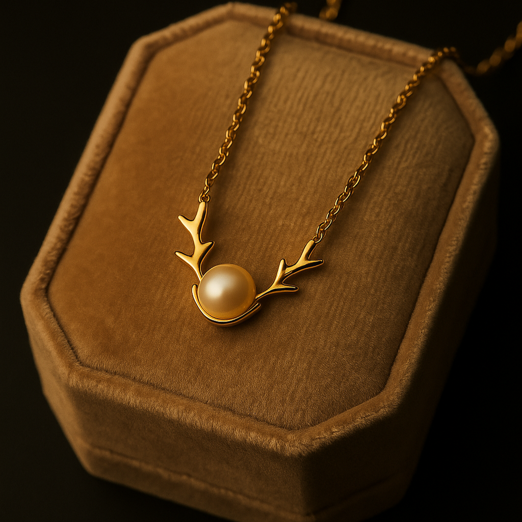 Gold necklace with a pearl pendant on a wooden stand against a dark background