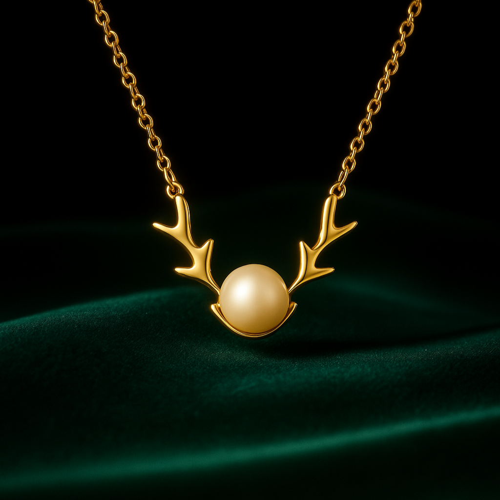 Gold necklace with antler design and pearl on a dark background