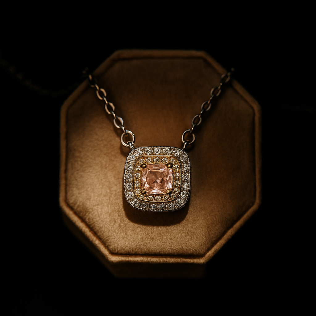 Necklace with a pink gemstone pendant on a brown hexagonal display box against a black background