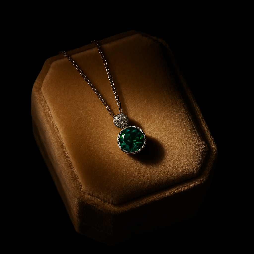 Necklace with a green gemstone on a brown cushion against a black background
