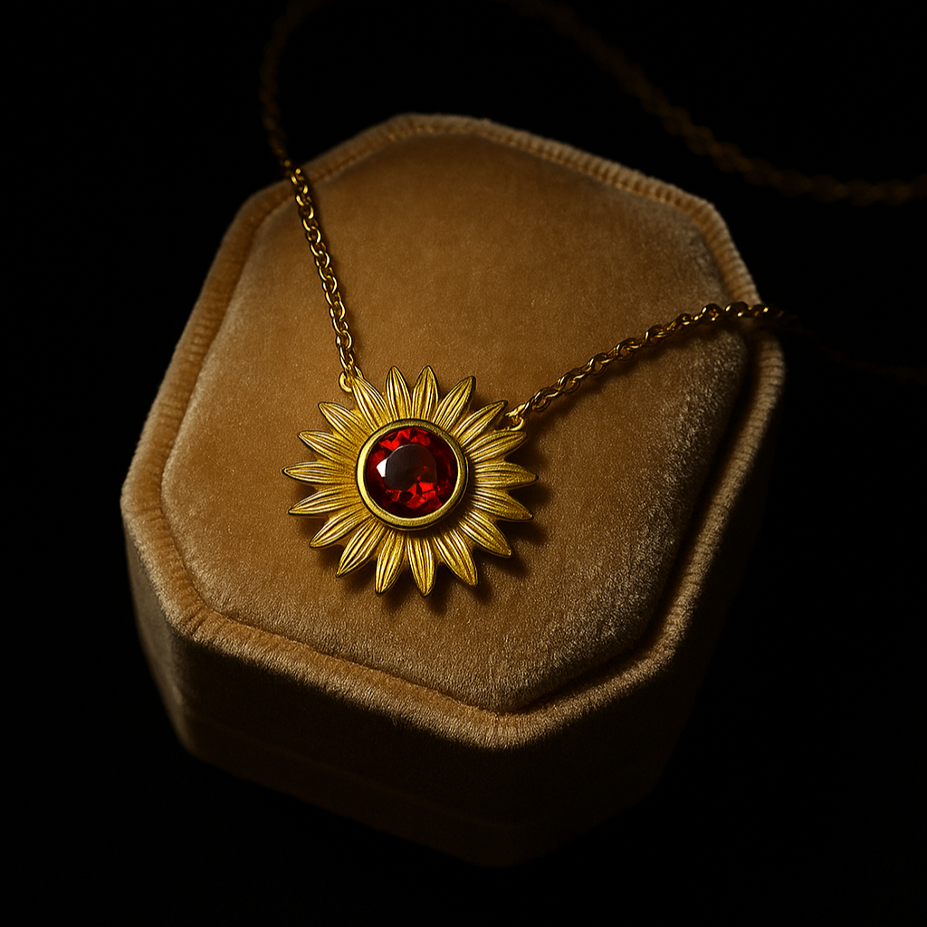 Gold necklace with a red gemstone pendant on a brown velvet cushion against a black background