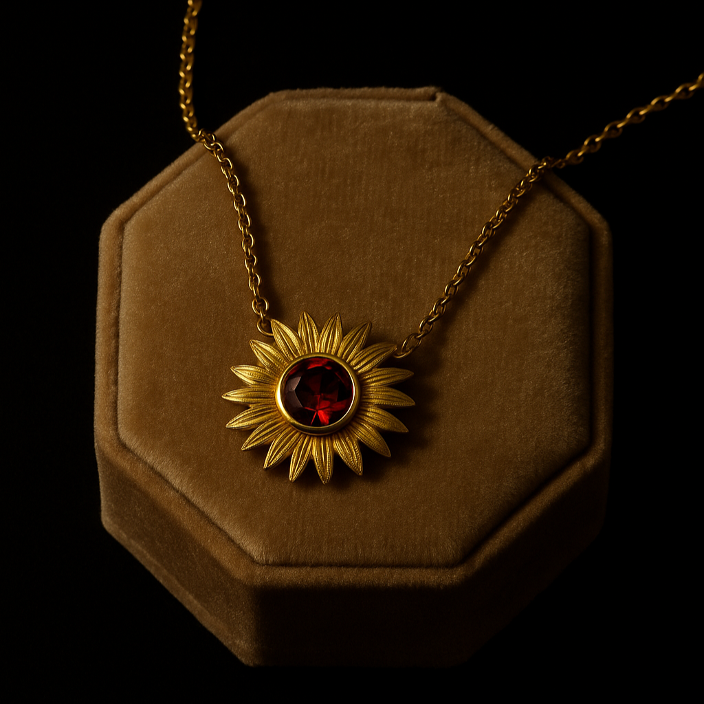 Gold necklace with a red gemstone pendant on a brown hexagonal stand against a black background