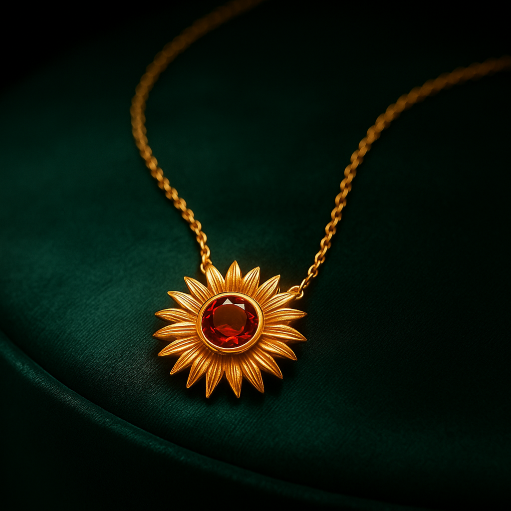 Gold necklace with a sunflower pendant and red gemstone on a dark background