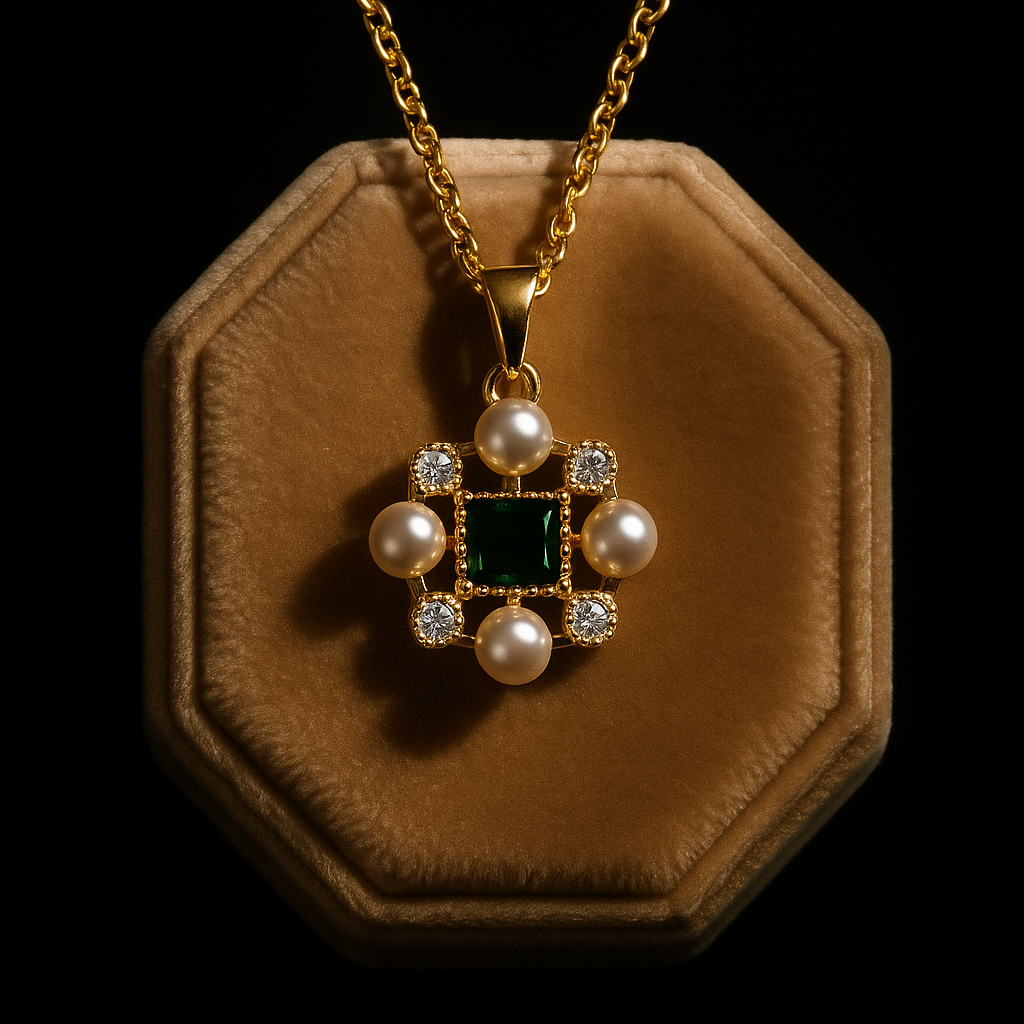 Gold necklace with a pendant featuring pearls and an emerald on a brown velvet stand against a black background.