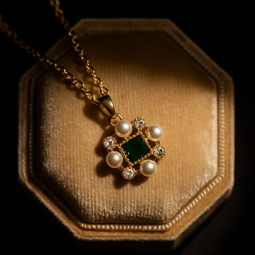 Gold necklace with a pendant featuring pearls and a green gemstone on a brown velvet stand.