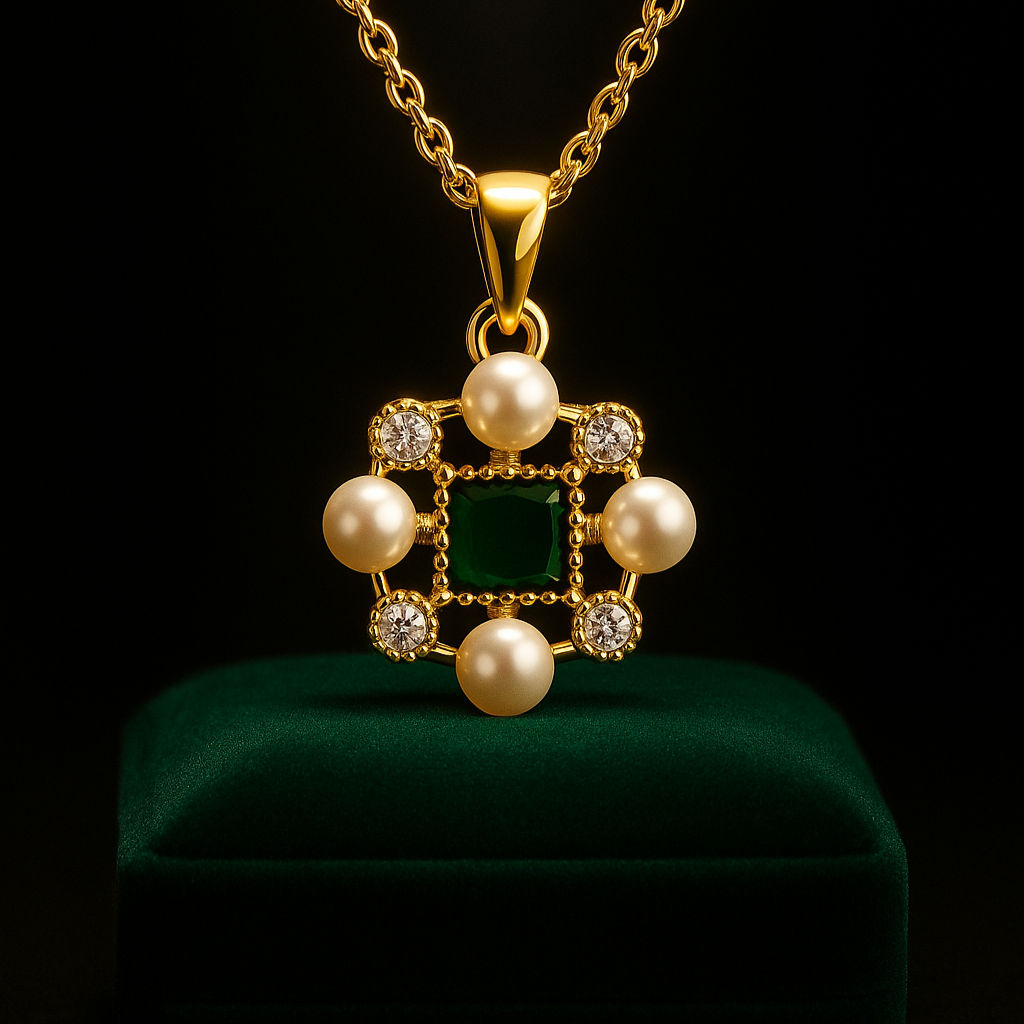 Gold necklace with a pendant featuring pearls and gemstones on a black background