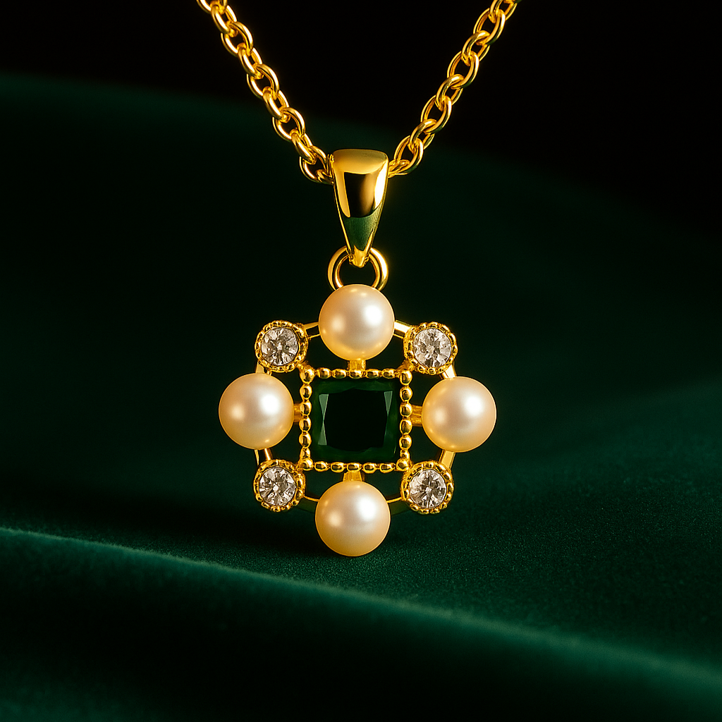 Gold necklace with a pendant featuring pearls and gemstones on a dark background
