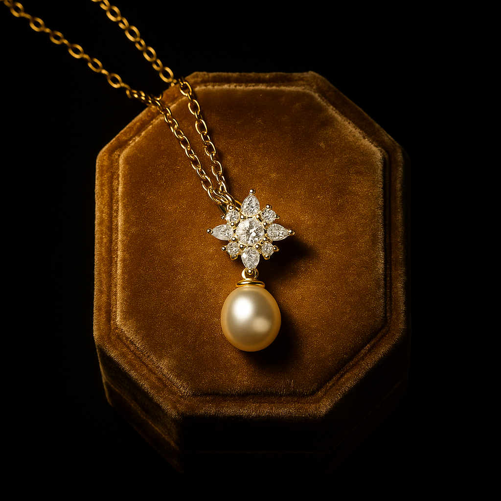 Pearl and diamond pendant on a gold chain displayed on a brown velvet stand against a black background