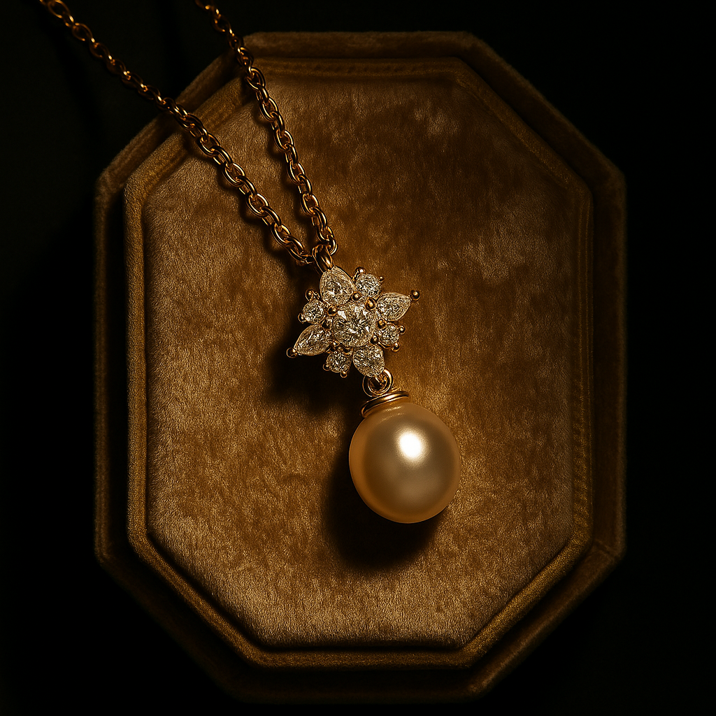 Pearl necklace with star-shaped pendant on a dark background
