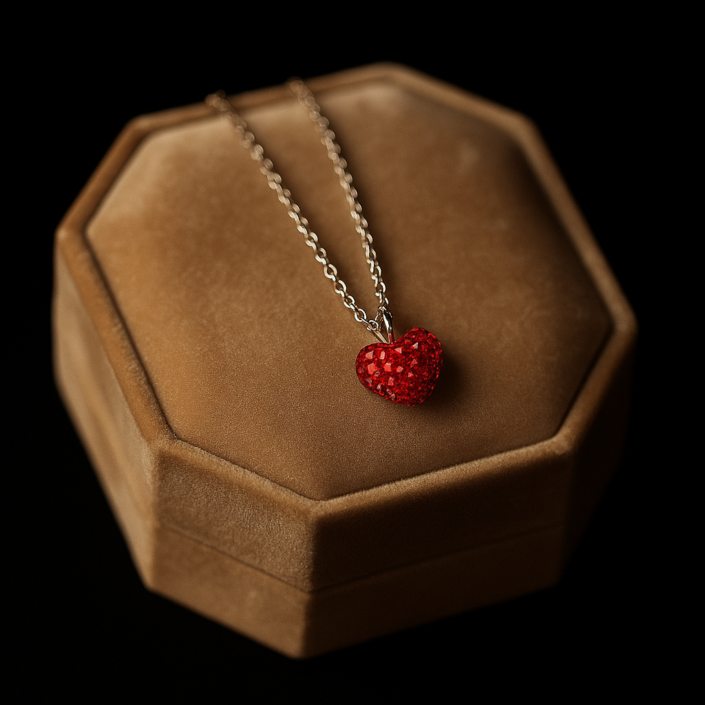 Necklace with a red heart pendant on a brown velvet stand against a black background