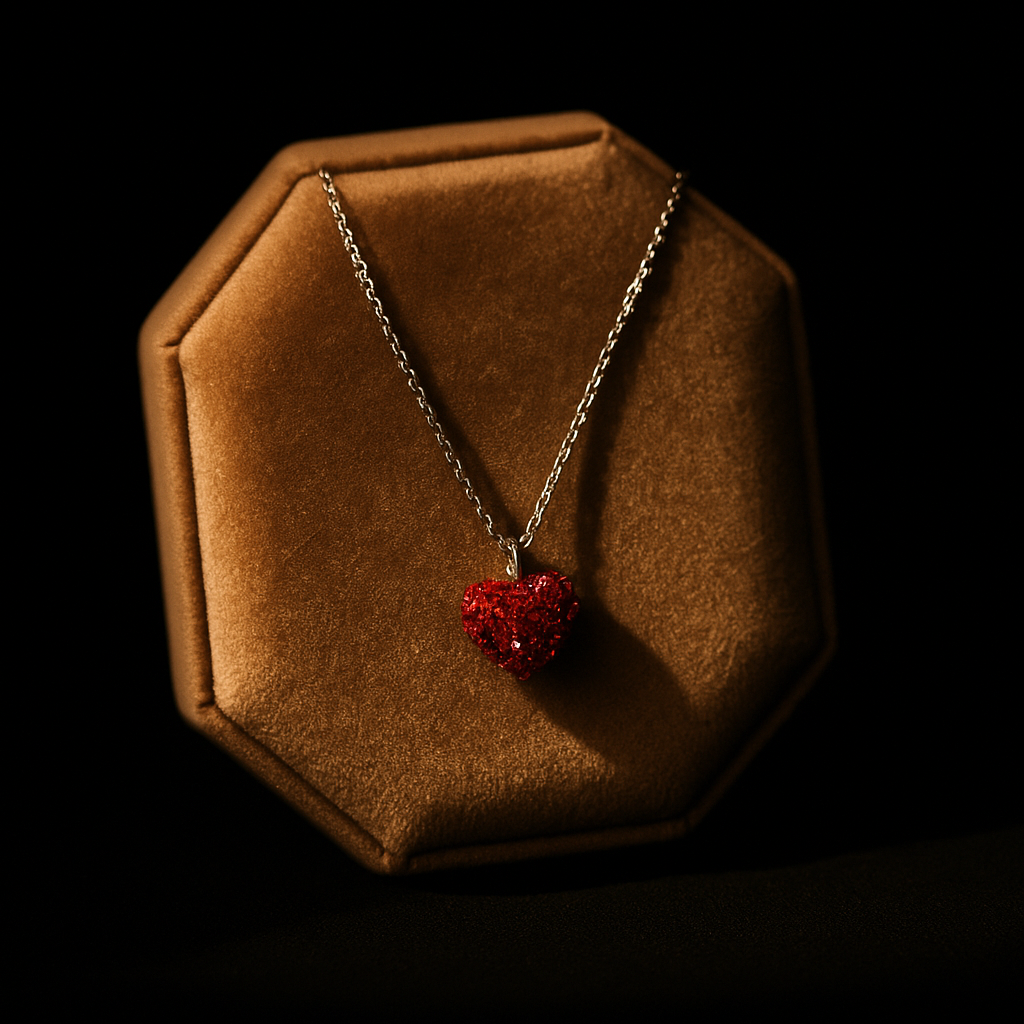 Red heart-shaped pendant on a chain in a brown jewelry box against a black background