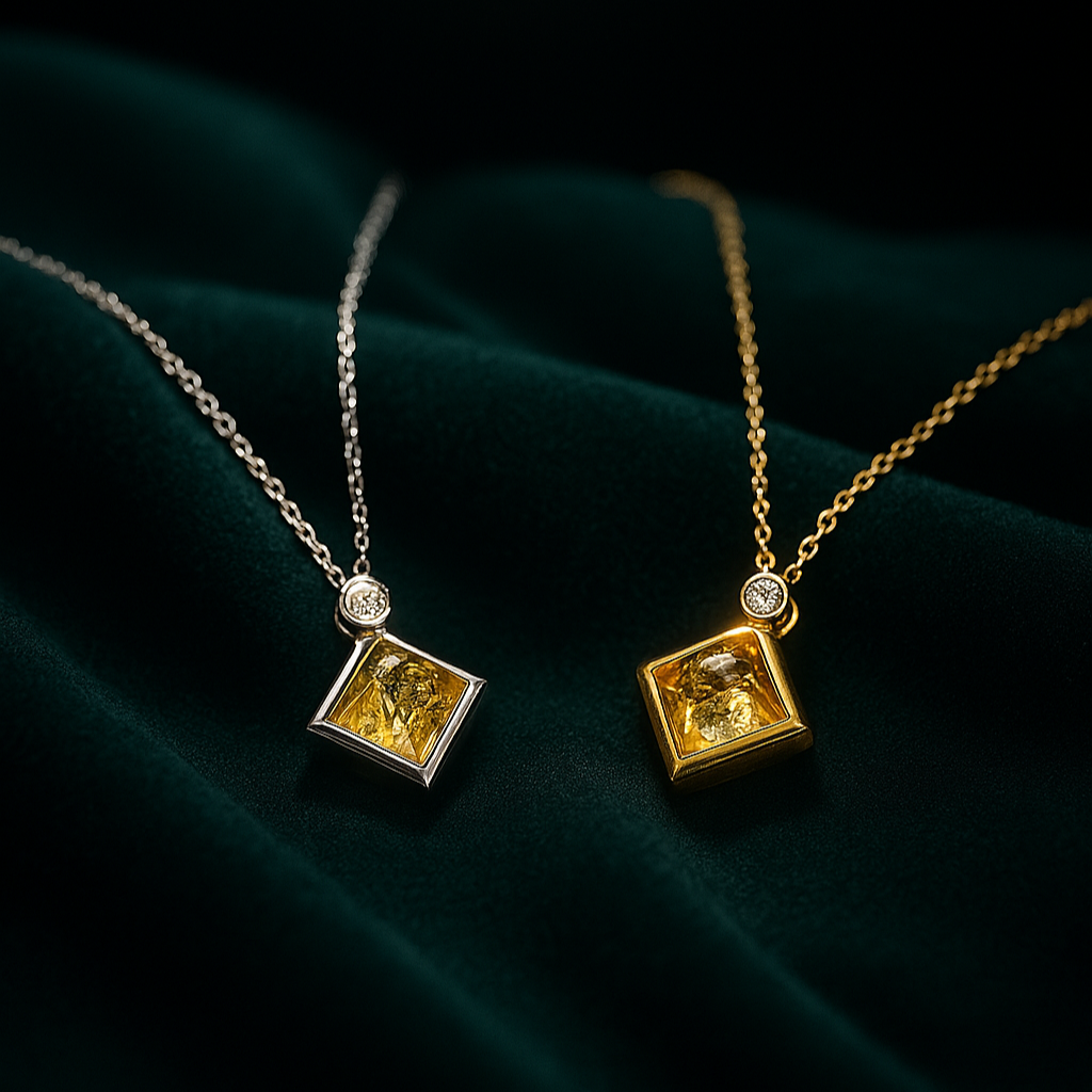 Two gold necklaces with pendants on a dark green fabric background