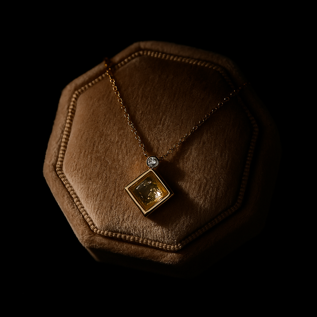 Gold necklace with a pendant on a brown hexagonal stand against a black background