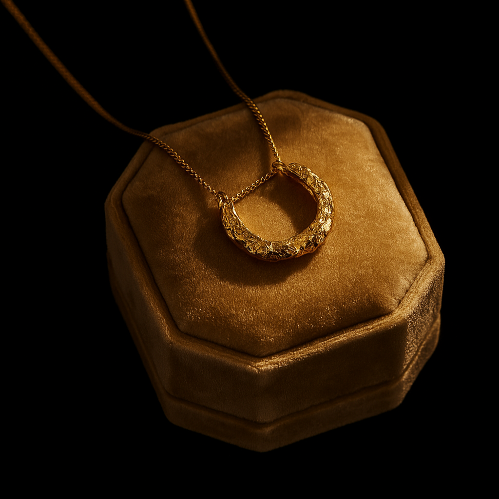Gold necklace on a brown velvet cushion against a black background