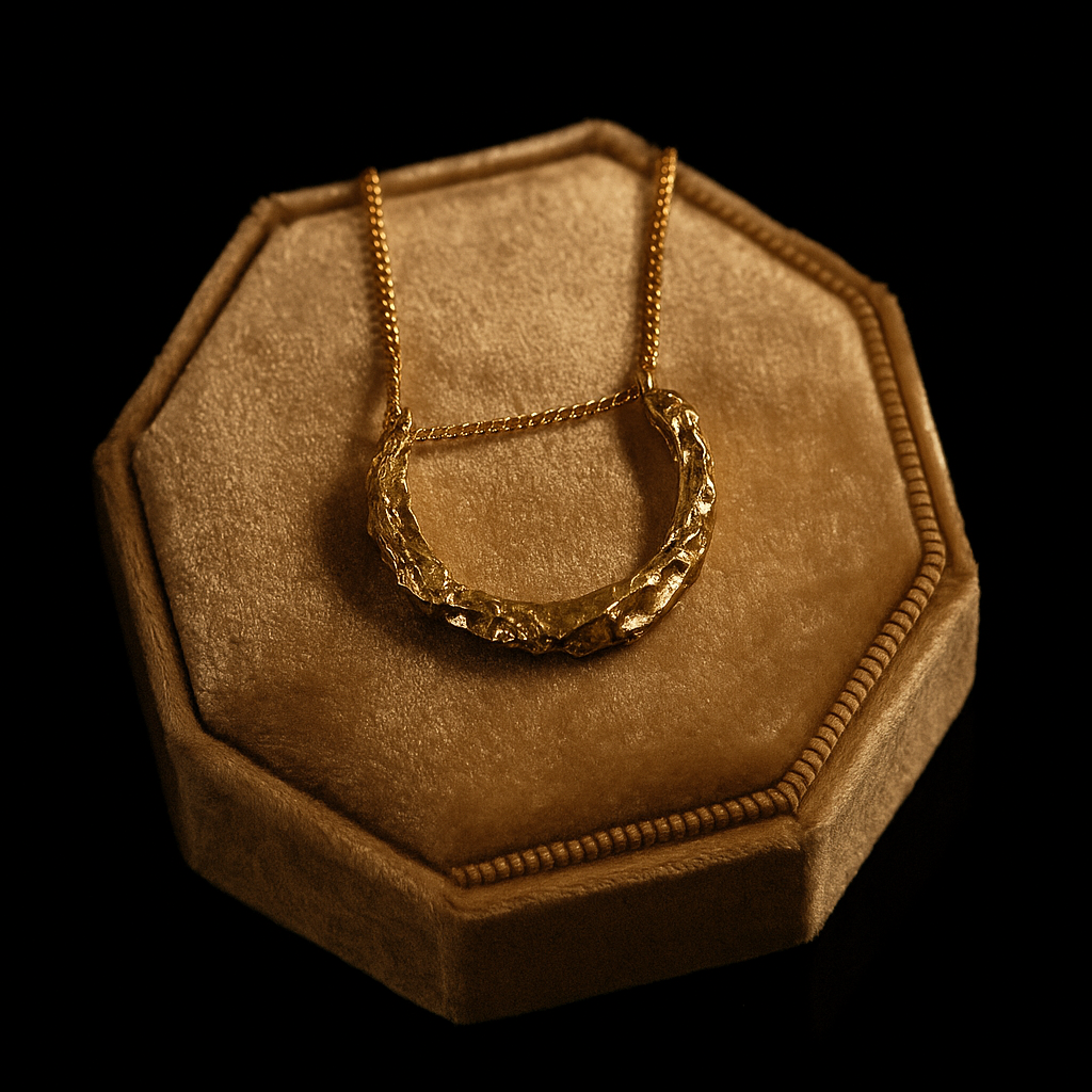 Gold necklace on a brown hexagonal velvet stand against a black background