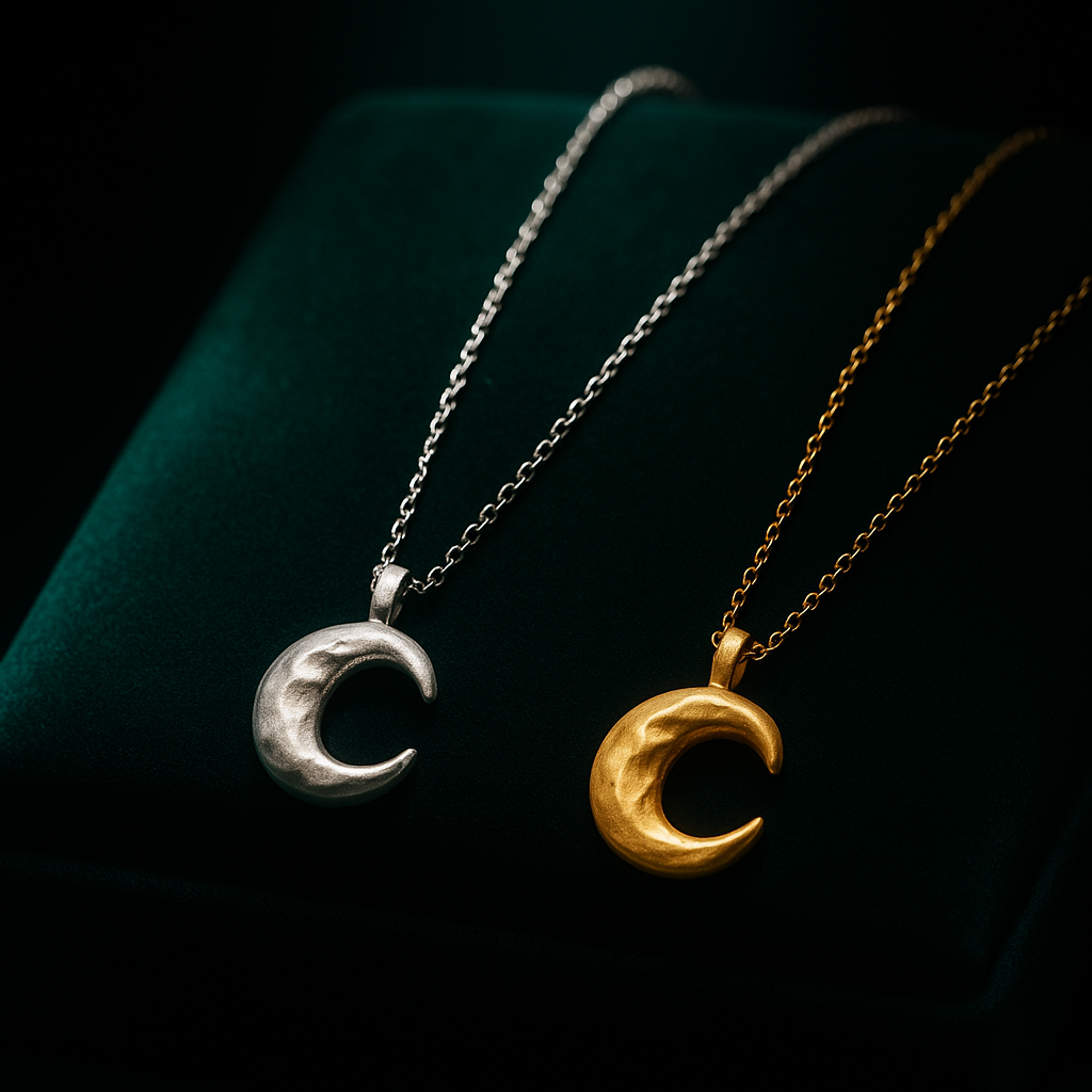 Two moon-shaped pendants on chains against a dark background