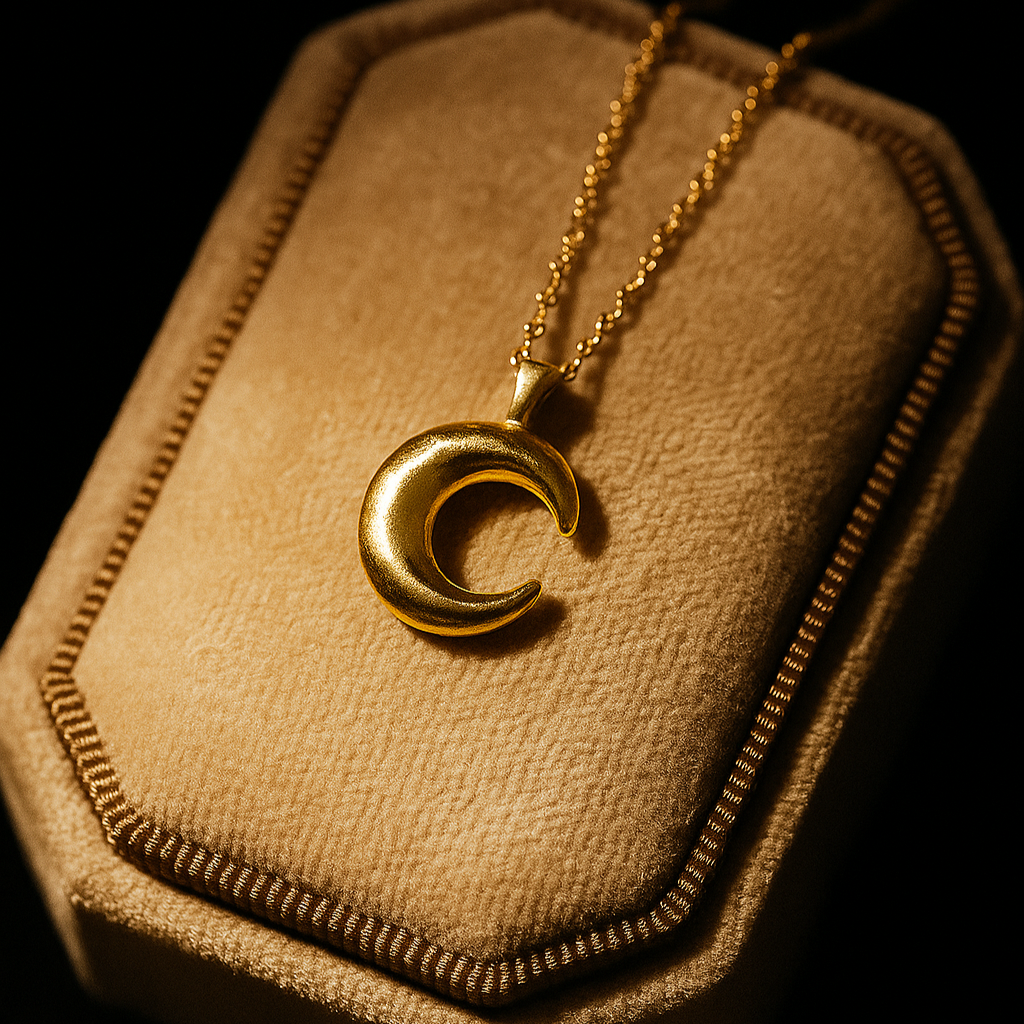 Gold necklace with a crescent moon pendant on a brown velvet cushion.