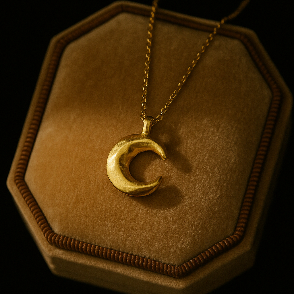 Gold crescent moon necklace on a brown hexagonal display stand against a black background
