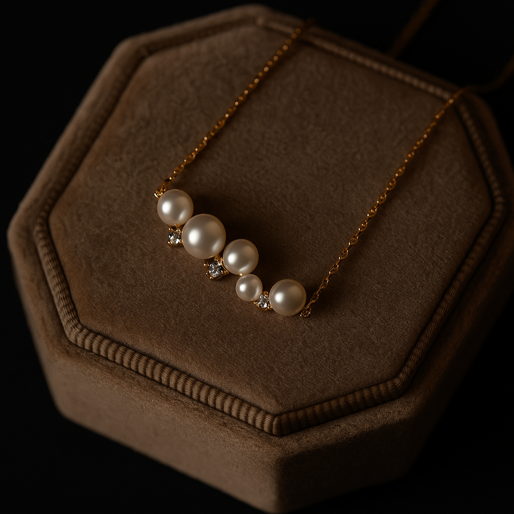 Pearl necklace on a brown jewelry display box against a black background