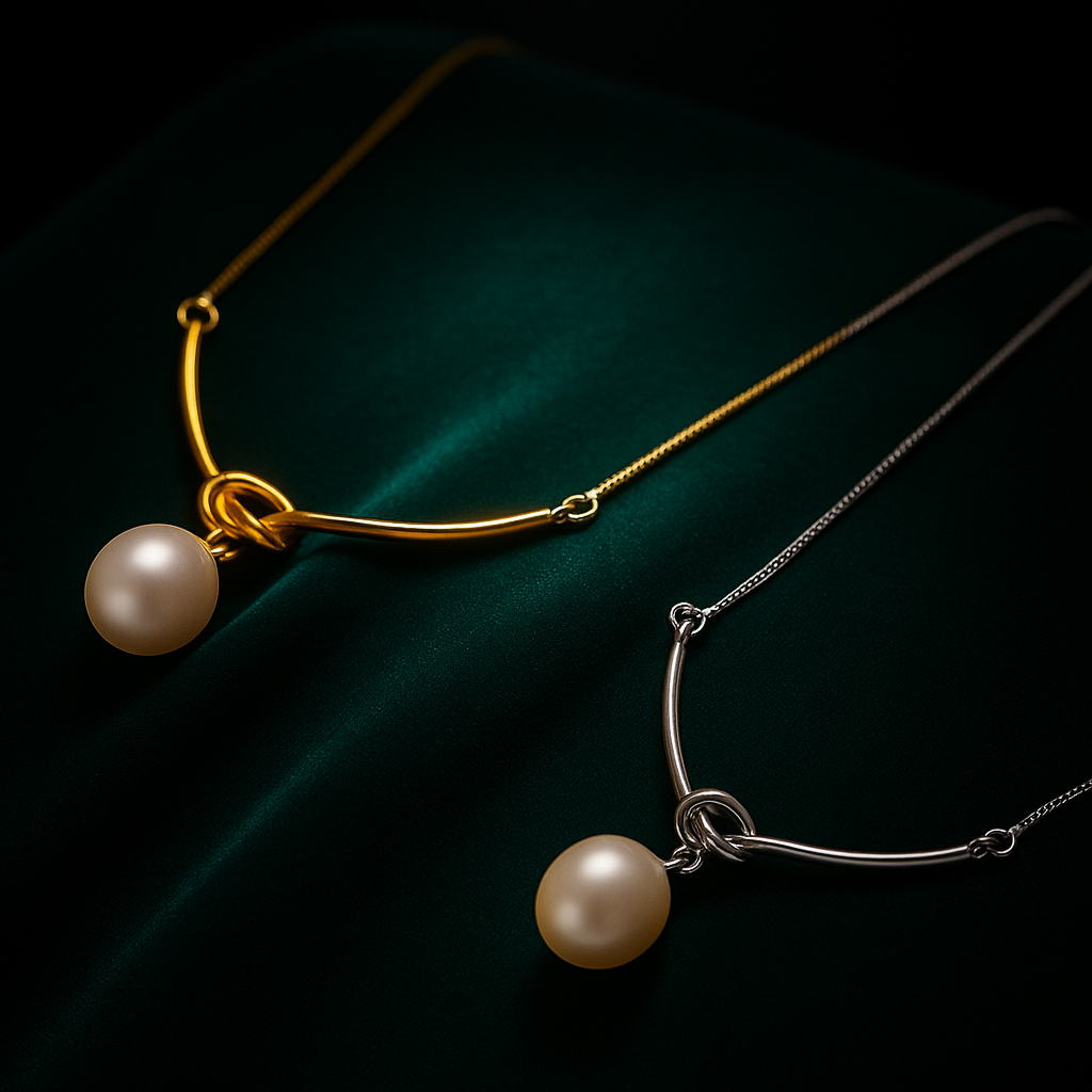 Two pearl necklaces, one gold and one silver, on a dark background.