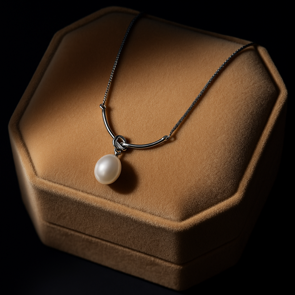 Pearl necklace on a brown jewelry box with a black background