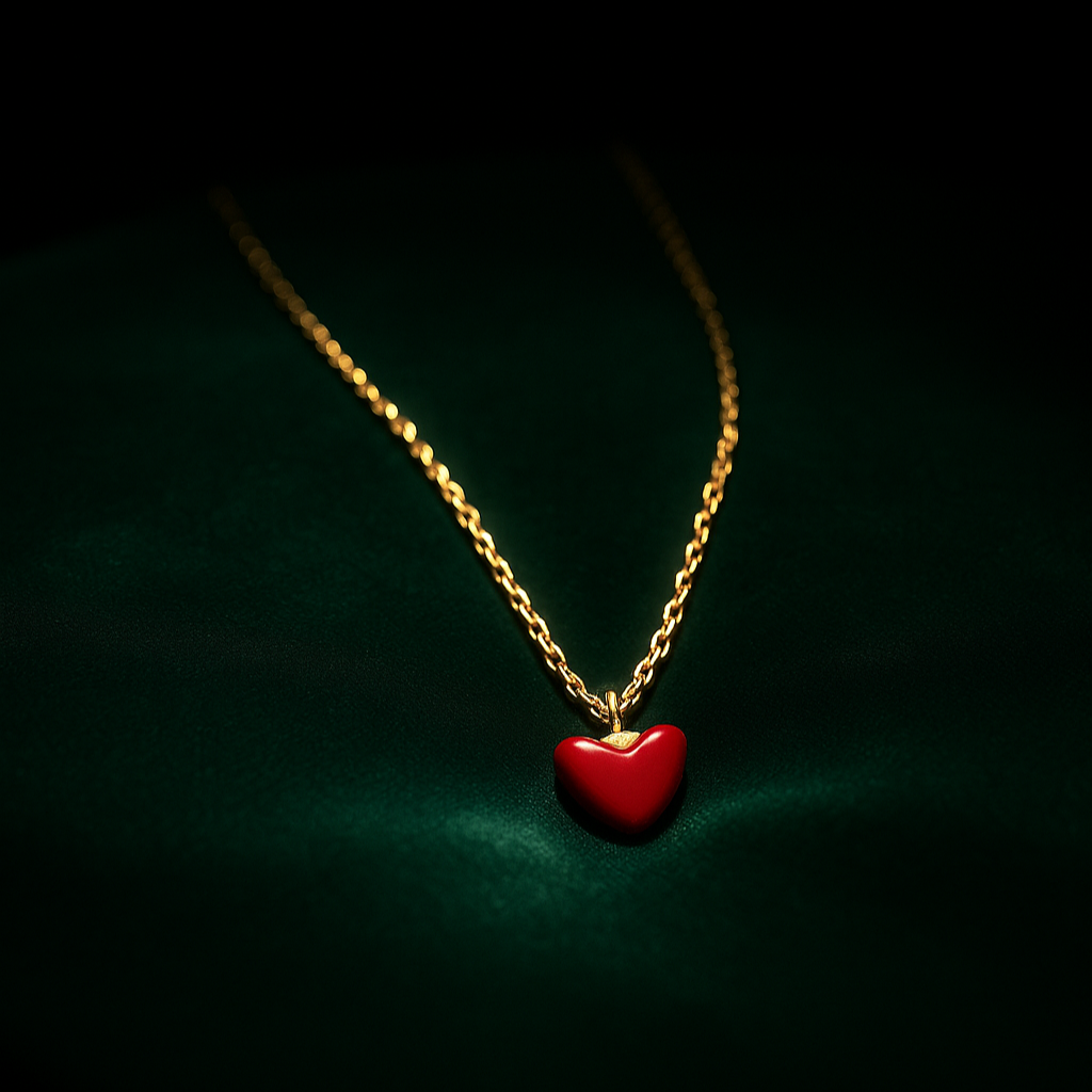 Gold necklace with a red heart pendant on a dark background