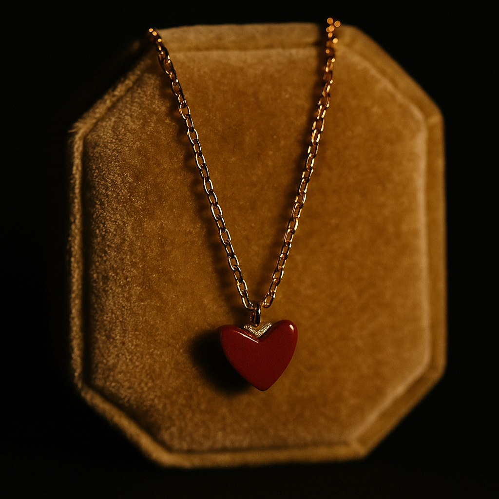 Necklace with a red heart pendant on a brown velvet stand against a black background