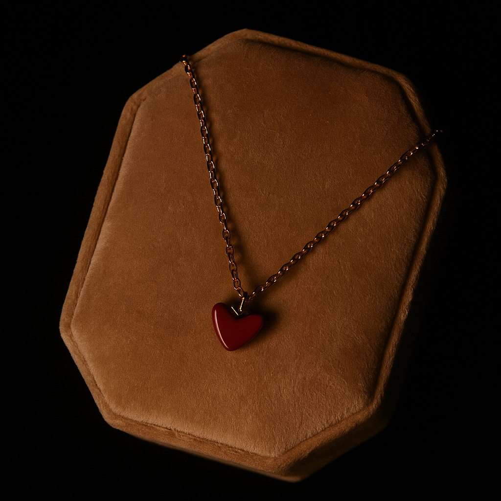 Necklace with a red heart pendant on a brown hexagonal velvet stand against a black background