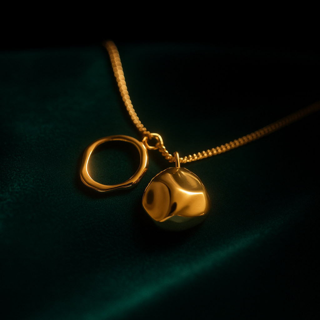 Gold necklace with two pendants on a dark background