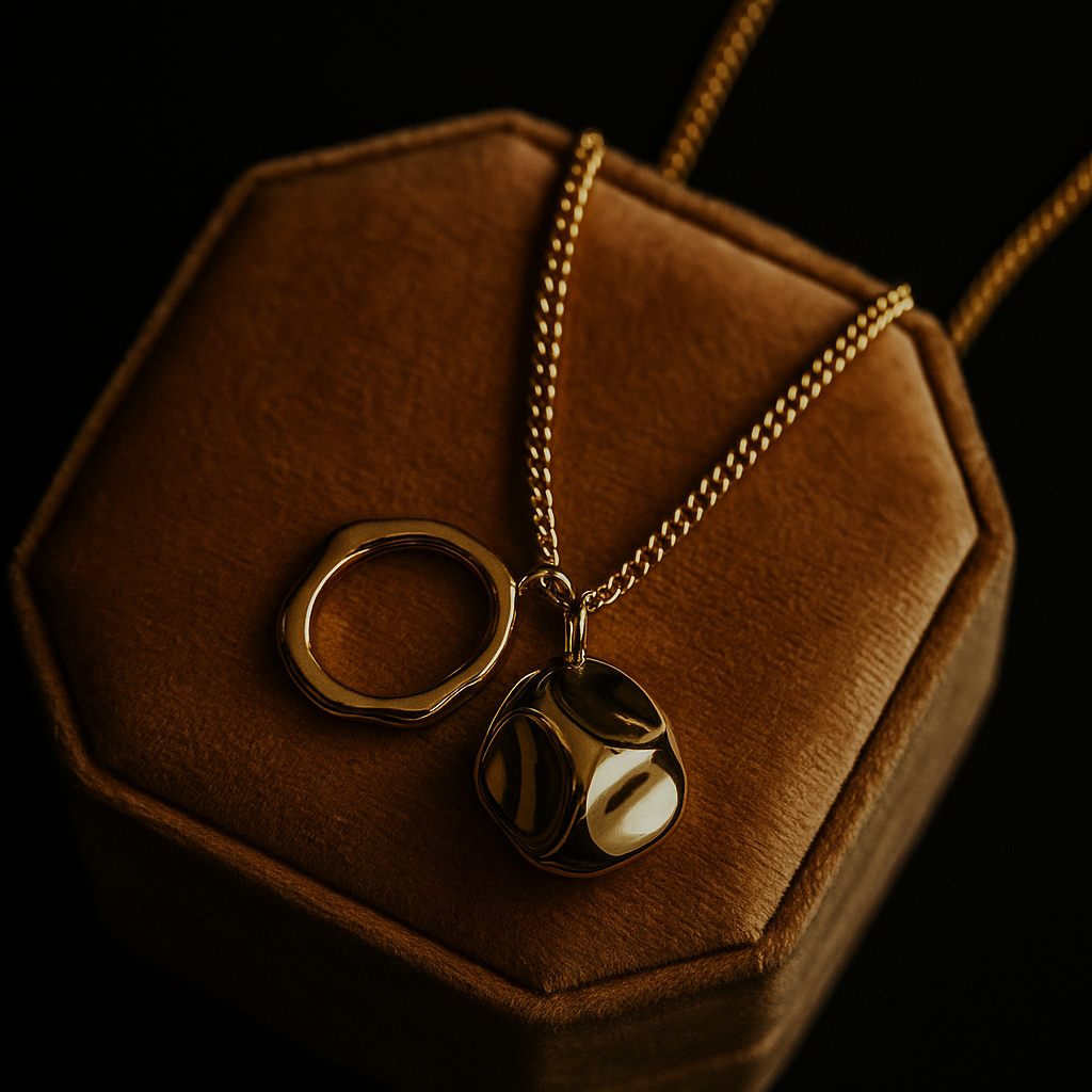 Gold necklace with a pendant on a brown hexagonal jewelry box against a dark background