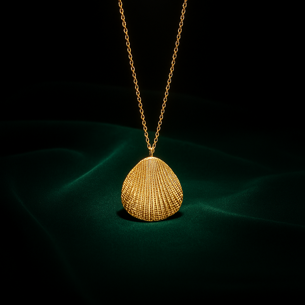Gold necklace with a shell pendant on a dark background