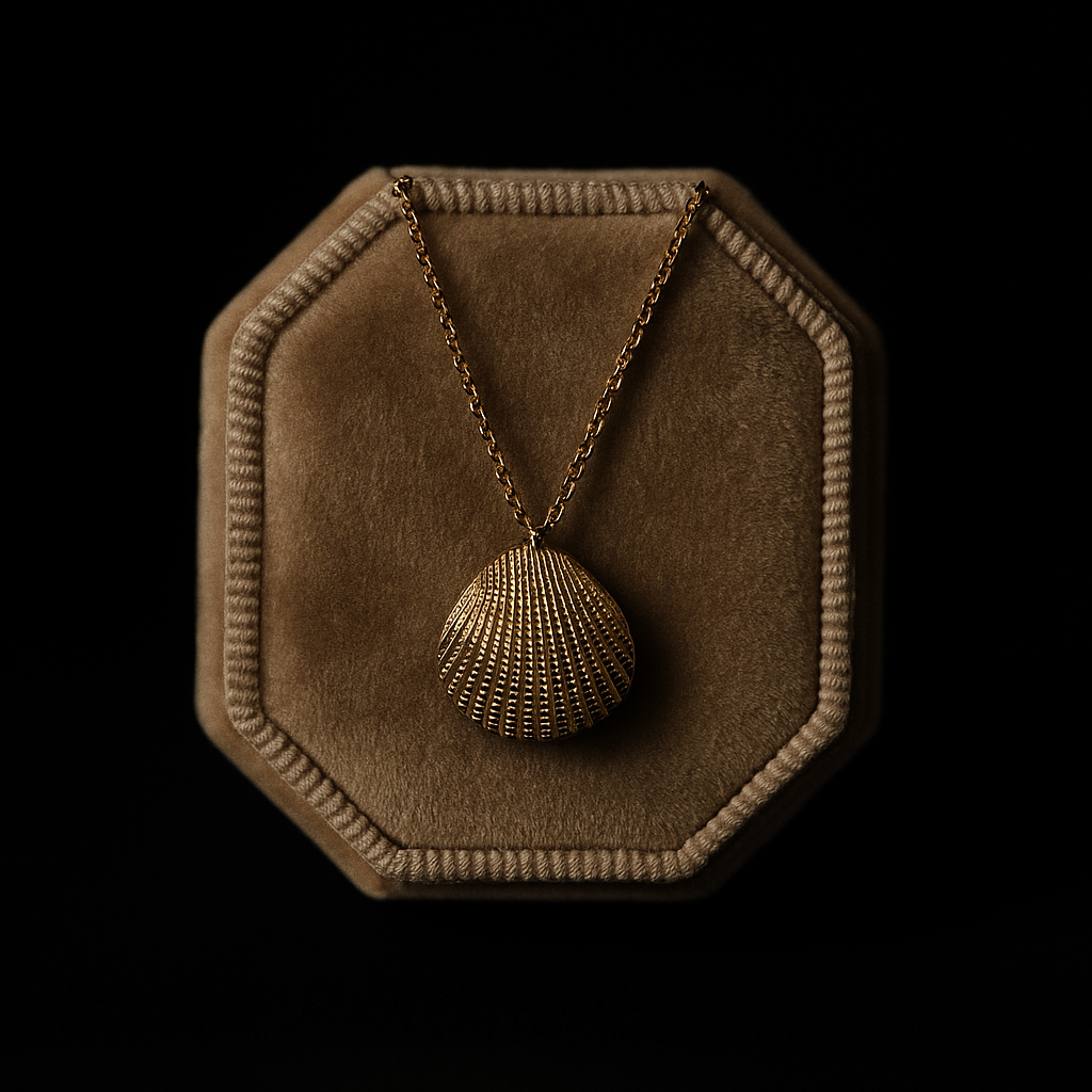 Gold necklace with a pendant on a brown velvet display