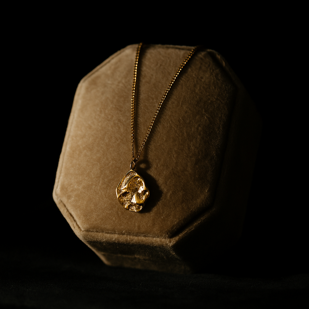 Gold necklace on a hexagonal brown velvet box against a black background