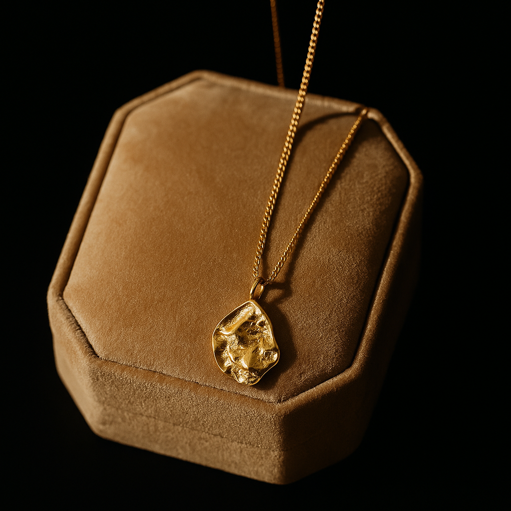 Gold necklace with a pendant on a brown velvet stand against a black background